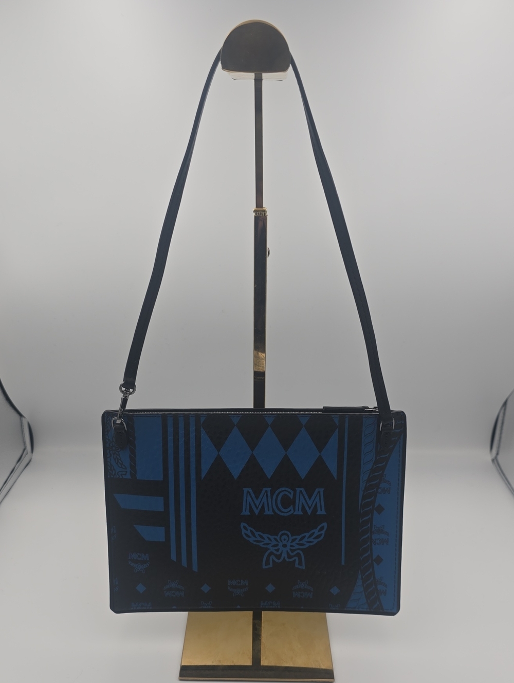 MCM Black/Electric Blue Logo Print Leather Small Shoulder Bag W/ Silver (NWOT)💙